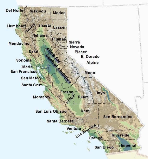 California Counties Clickable map of California counties, equal to the alphabetical list below.