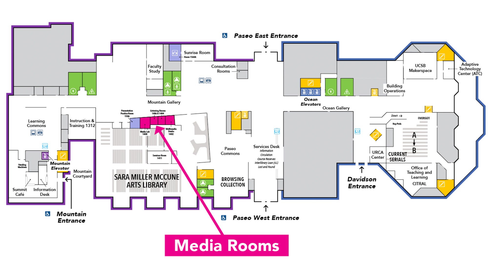 __title__ The Media Rooms are located in the Library, 1st Floor, Mountain Side by reservation only.