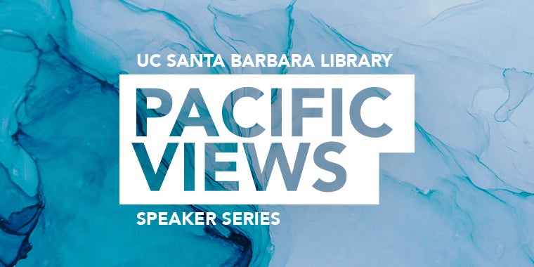 The Pacific Views Library Speaker Series logo over an blue abstract ink painting
